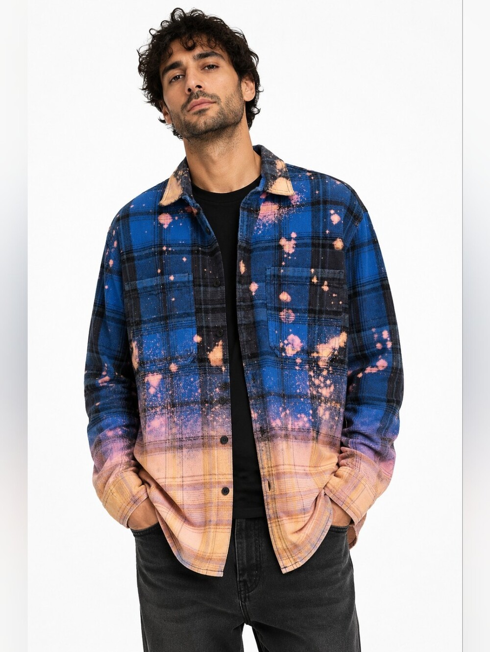 Denim & Flower Ricky Singh XL Bleached Ombre Plaid Flannel Grunge Shirt shacket